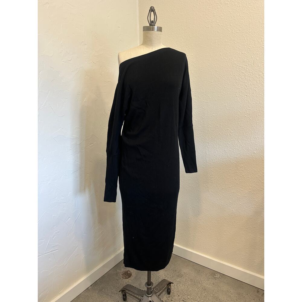 Bluivy Women’s M Knit Midi Dress Black One Shoulder Bodycon Sweater Dress NWT